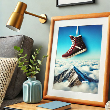 Mockup of a photo frame with a pair of shoes on the tableの写真素材
