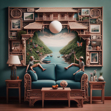 Cozy living room interior in classic style with a blue sofa and a tropical island in the backgroundの写真素材