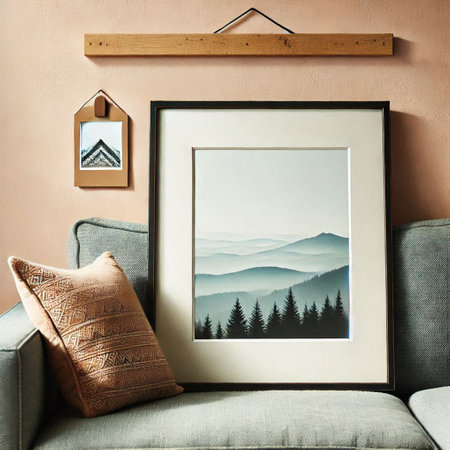 Interior design of modern living room with mock up poster frame, sofa, pillows and mountainsの写真素材