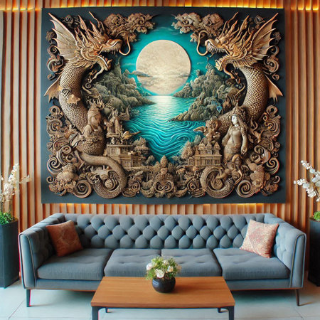 Sofa with dragon in the interior of the living room.
