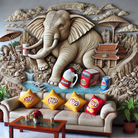 Elephant statue and food on the sofa in the restaurant.