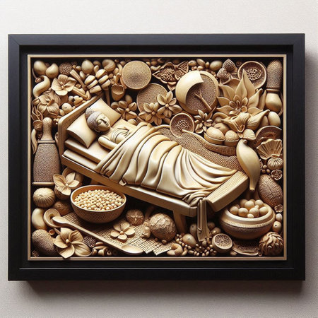 Chinese traditional handicrafts in a wooden frame, closeup of photo