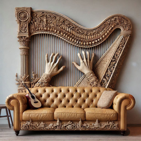 Luxury sofa with hand and guitar in the interior of the roomの写真素材
