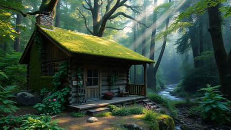 Wooden cottage in the forest in the misty morning. Nature composition.の写真素材