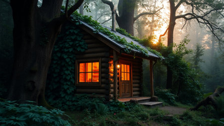 Beautiful wooden cottage in the forest at sunrise. Nature photography.の写真素材