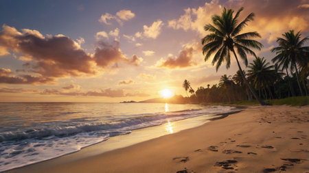 Tropical beach with coconut palm trees at sunset, Seychellesの写真素材