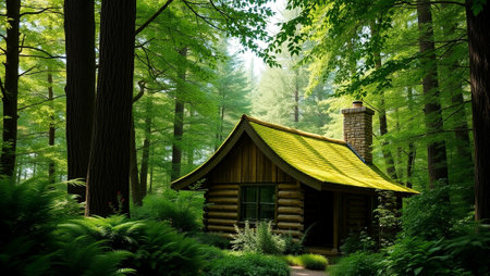 Wooden cabin in the forest with a green roof and a wooden roof