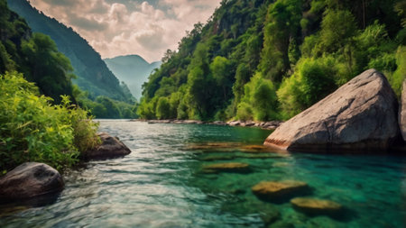 Landscape of the river and mountains in the summer. Beautiful nature.の写真素材