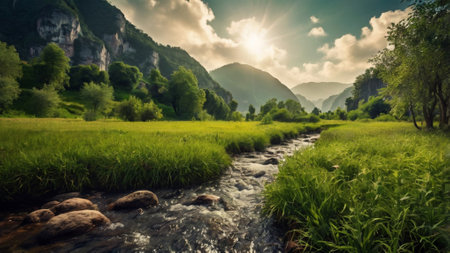 Beautiful mountain landscape with a river and green grass in the foregroundの写真素材