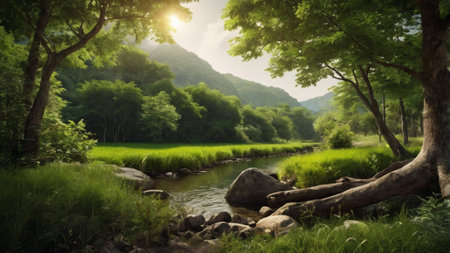 Green landscape with river and forest in the morning. Nature background.