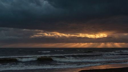 Dramatic sunset over the Baltic Sea in Gdansk, Polandの写真素材