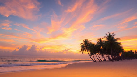 Tropical beach with palm trees at sunset, Seychellesの写真素材