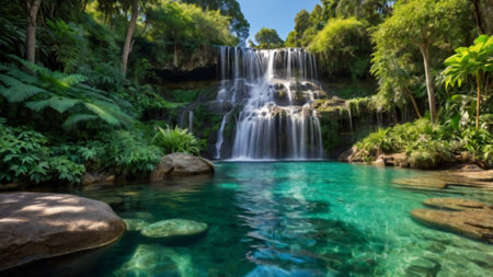 Panorama of beautiful waterfall in the tropical forest on a sunny day