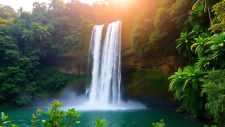 Beautiful waterfall in the jungle at sunset, Bali, Indonesiaの写真素材