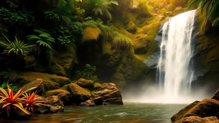 Beautiful waterfall in tropical forest. Nature background and wallpaper design.の写真素材