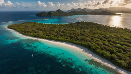 Aerial view of Seychelles islands, Anse Lazio.