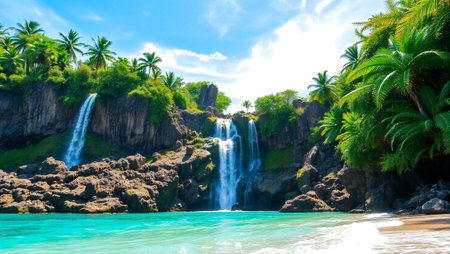 Tropical waterfall on Seychelles island La Digueの写真素材