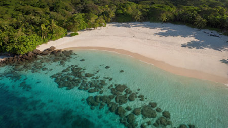Aerial view of beautiful tropical beach with white sand and turquoise ocean waterの写真素材