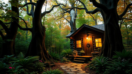 Wooden cottage in the autumn forest. Fairytale landscape with a wooden cottage.の写真素材