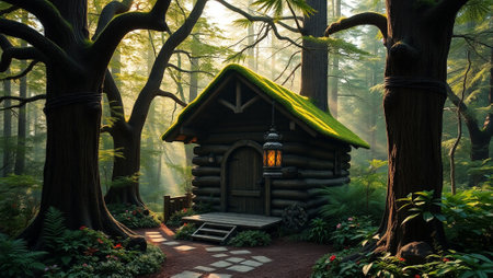 Wooden cottage in the forest with a light beam in the middleの写真素材