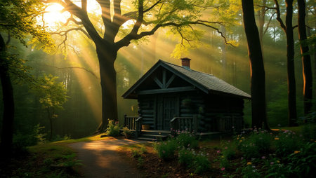 Wooden house in the autumn forest with sun rays and fog.の写真素材