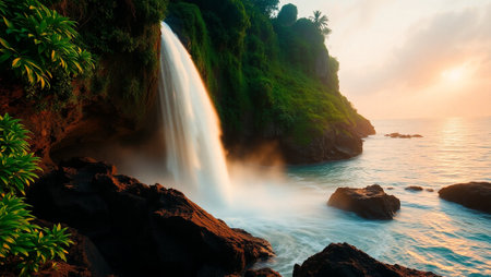 Beautiful waterfall on the beach at sunsetの写真素材