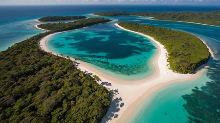 Aerial view of a small island with white sand and turquoise water.の写真素材