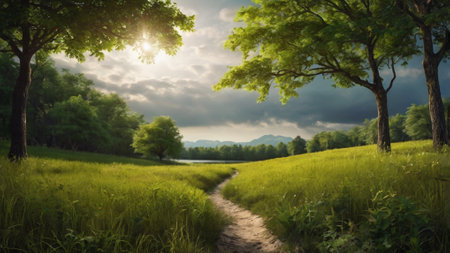 Beautiful summer landscape with green meadow, forest and sunset.の写真素材