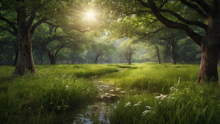 Beautiful landscape image of green forest and river in the morning.の写真素材