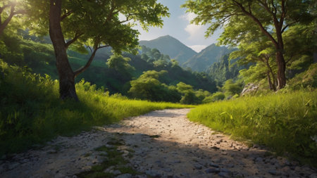 Path in the forest at sunset. Beautiful landscape of green trees and mountains.