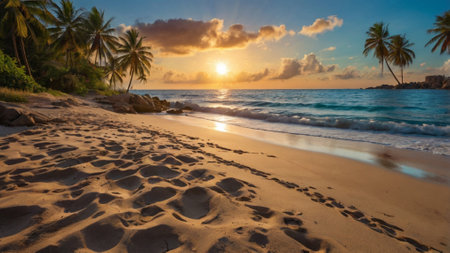 Tropical beach with palm trees at sunset, Seychellesの写真素材