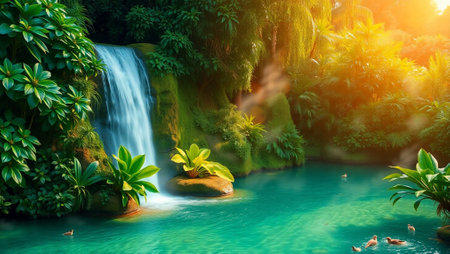 Beautiful waterfall in the tropical forest with blue water and green plantsの写真素材