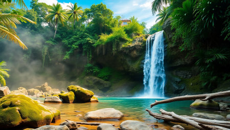 Beautiful waterfall in tropical forest with blue sky and white clouds.の写真素材