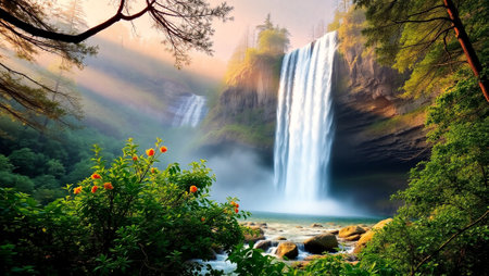 Tropical waterfall in forest at sunrise. Waterfall in deep forest