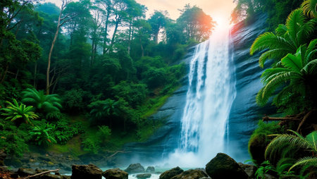 Beautiful waterfall in the rainforest at sunset. Nature background.の写真素材