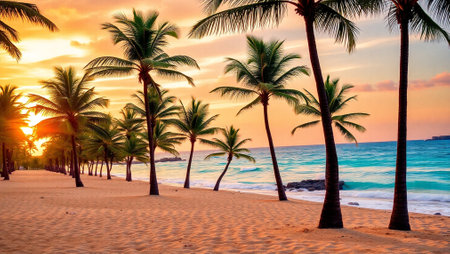 Beautiful tropical beach with coconut palm tree at sunset time - Vintage Filterの写真素材