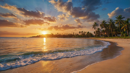 Beautiful sunset at the tropical beach. Panoramic view.の写真素材