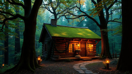 Wooden log house in the forest at night. Beautiful autumn landscape.の写真素材
