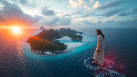 Woman on a small island in the ocean at sunset. 3d renderingの写真素材