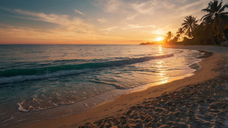Tropical beach with palm trees at sunset, Seychellesの写真素材