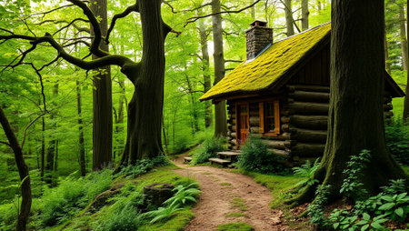 Wooden cottage in green forest. Wooden cottage in the forest.の写真素材