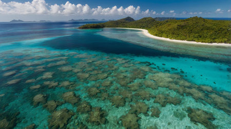 Aerial view of coral reef and sandy beach at Seychelles