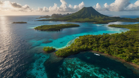 Aerial view of a tropical island with a beautiful lagoon and volcanoの写真素材