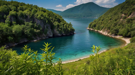 Beautiful lake in the mountains. Crimea, Ukraine. Panoramaの写真素材