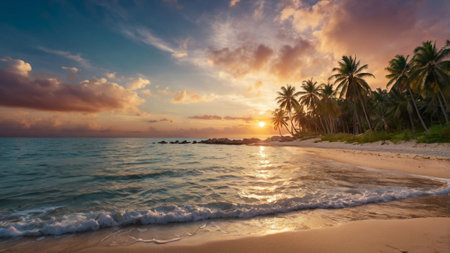 Tropical beach with palm trees at sunset, Seychellesの写真素材