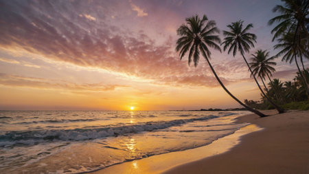 Tropical beach with coconut palm trees at sunset. Sri Lankaの写真素材