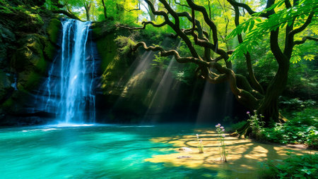 Beautiful waterfall in deep forest at Erawan National Park, Thailandの写真素材