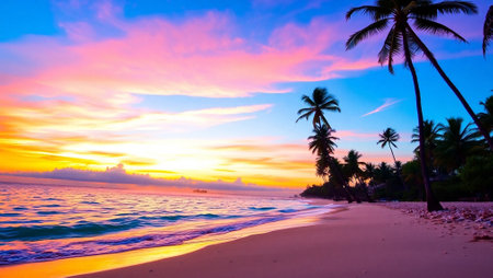 Beautiful tropical beach and sea with coconut palm tree at sunset time - Holiday Vacation conceptの写真素材