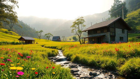 Terraced rice field with traditional house in Sapa, Vietnamの写真素材