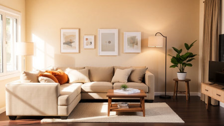 Living room interior with sofa, coffee table and pictures on beige wallの写真素材